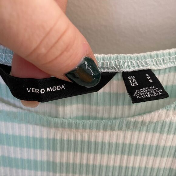 Vero Moda Dress Striped Mint Green White Ribbed Puff Sleeves Ruffle Edge Casual - Picture 8 of 10